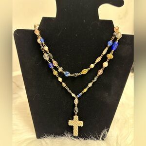 Vintage Pearl Cross Blue and Pink Beaded Necklace